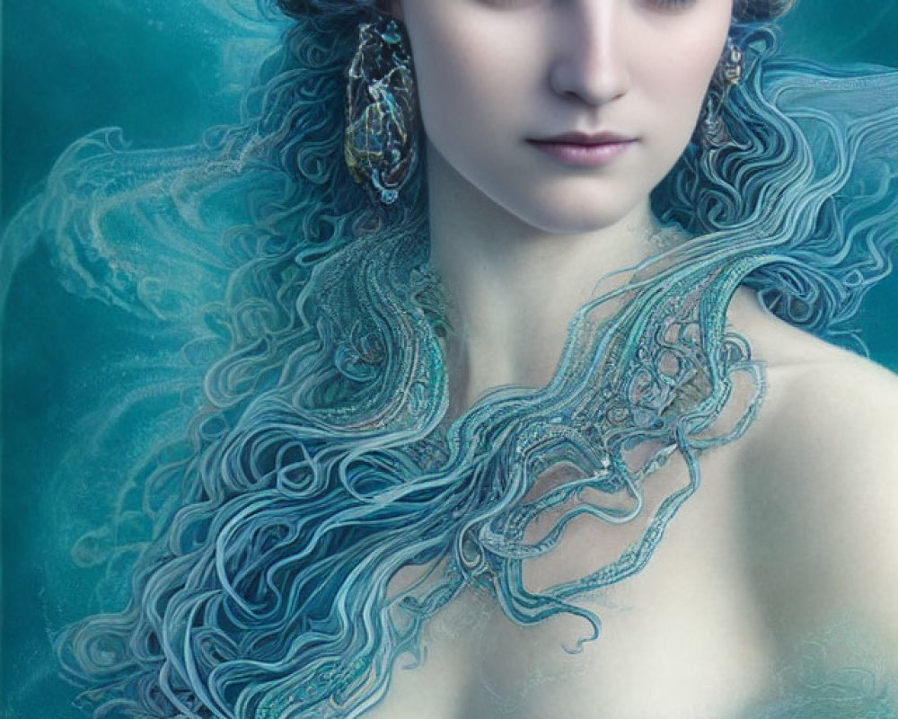 Fantastical portrait of woman with swirling blue hair and ornate headdress