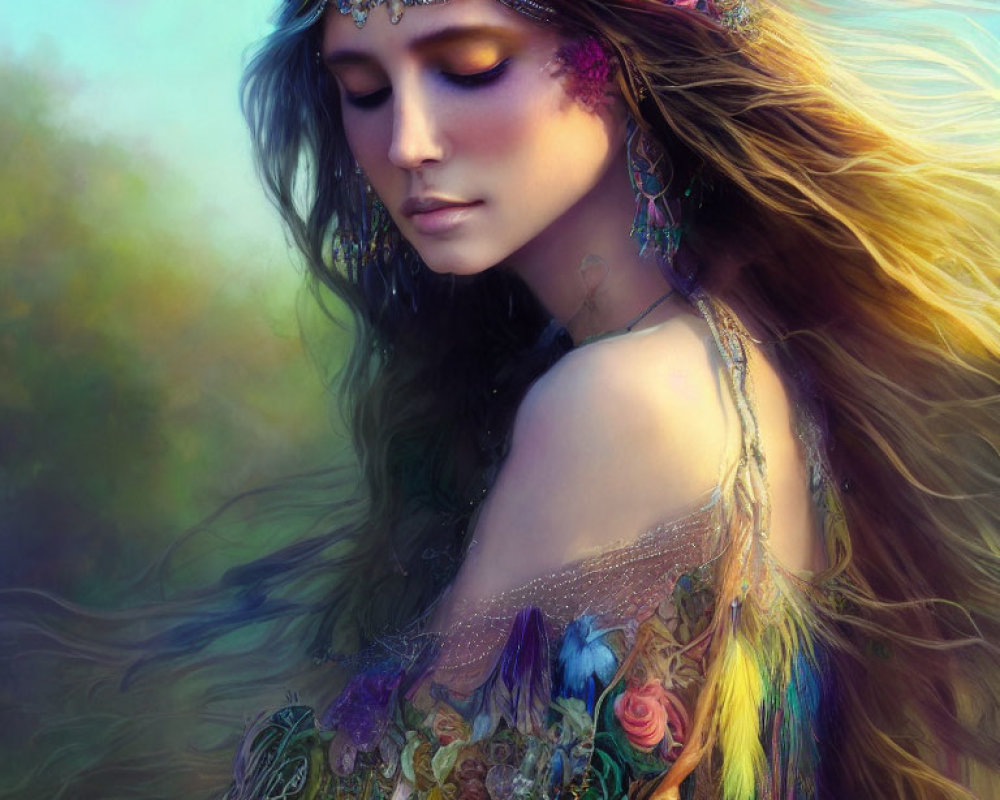 Long-haired woman with jewel headband in dreamy setting