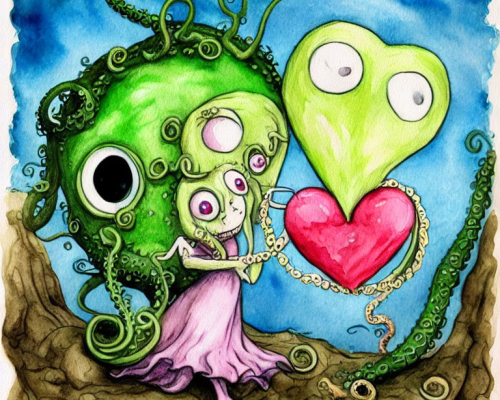 Colorful Cartoon Illustration: Green Octopus Creature, Smaller Companion, and Heart with Expressive