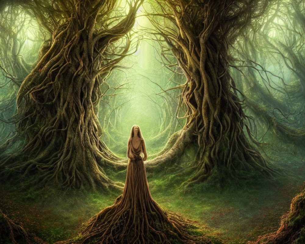 Person in flowing gown between gnarled trees in mystical forest.