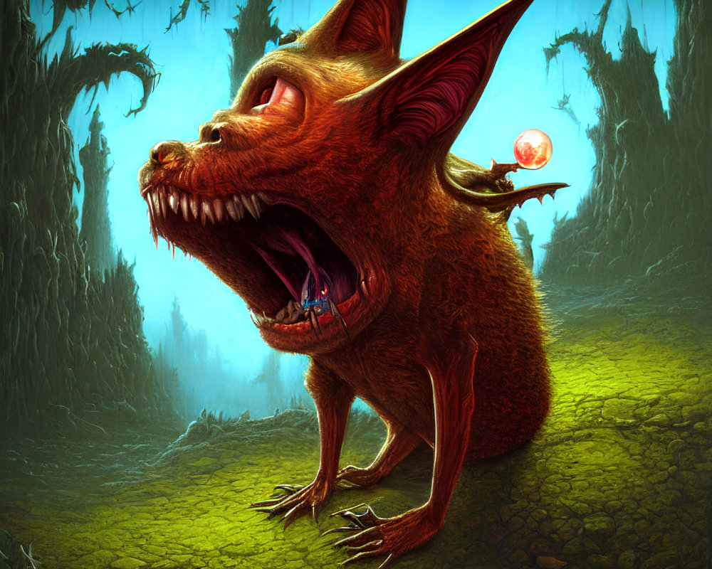 Sinister red creature with large ears and sharp teeth in gloomy forest with floating orb