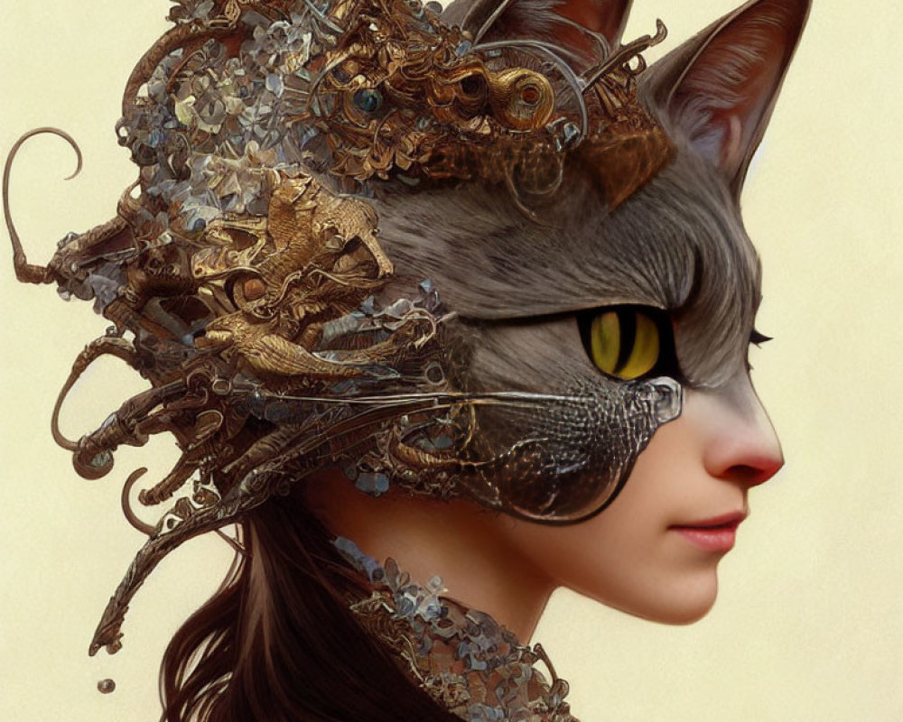 Detailed Steampunk Woman-Cat Fusion with Metallic Headpiece