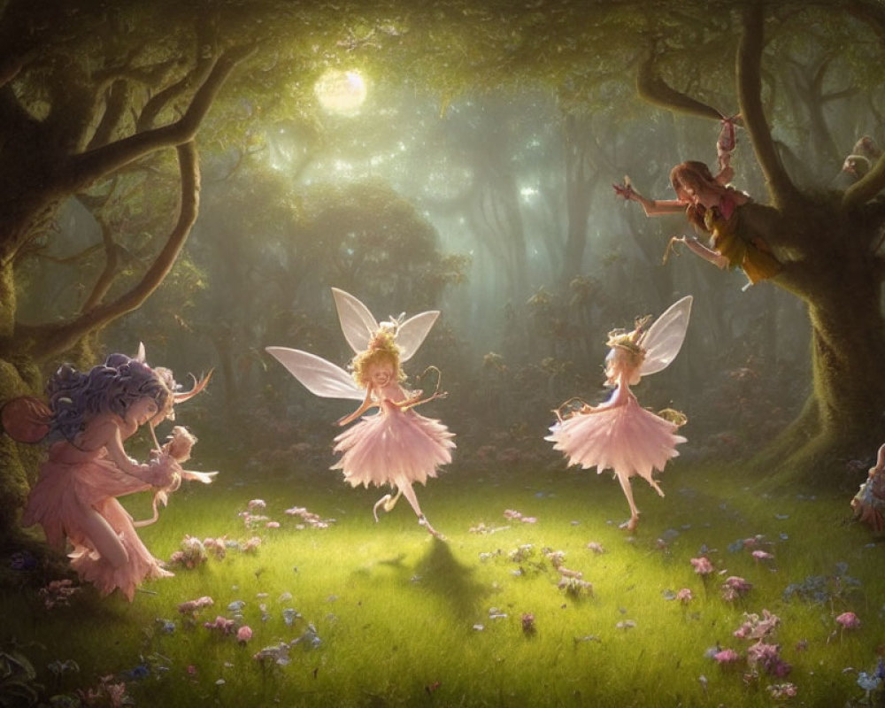 Enchanted forest scene: fairies dancing in glowing sunlight