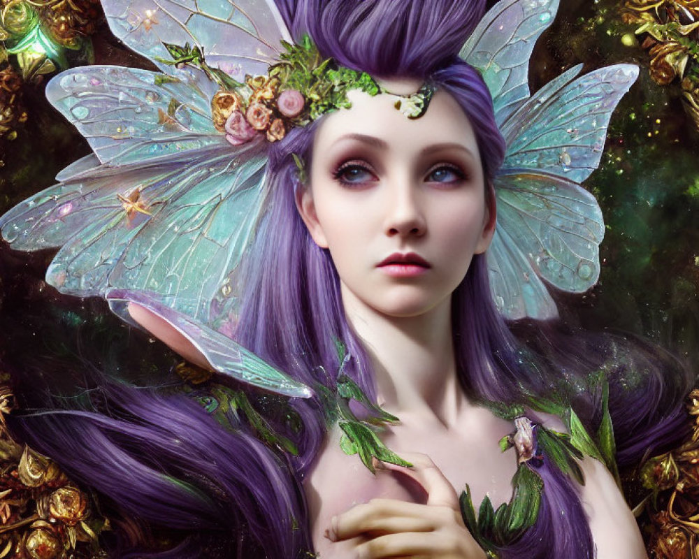 Purple-haired fairy with translucent wings and floral crown in lush green backdrop