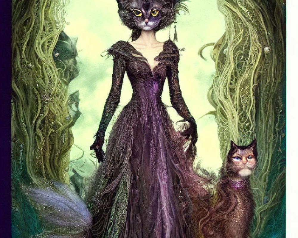 Illustration of anthropomorphic cat woman in purple dress with realistic cat in magical forest setting