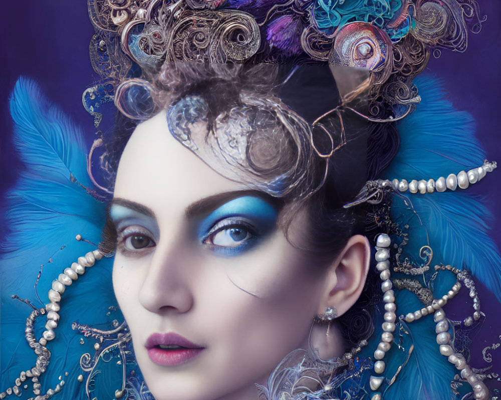 Striking Blue Makeup & Elaborate Peacock Feather Headpiece