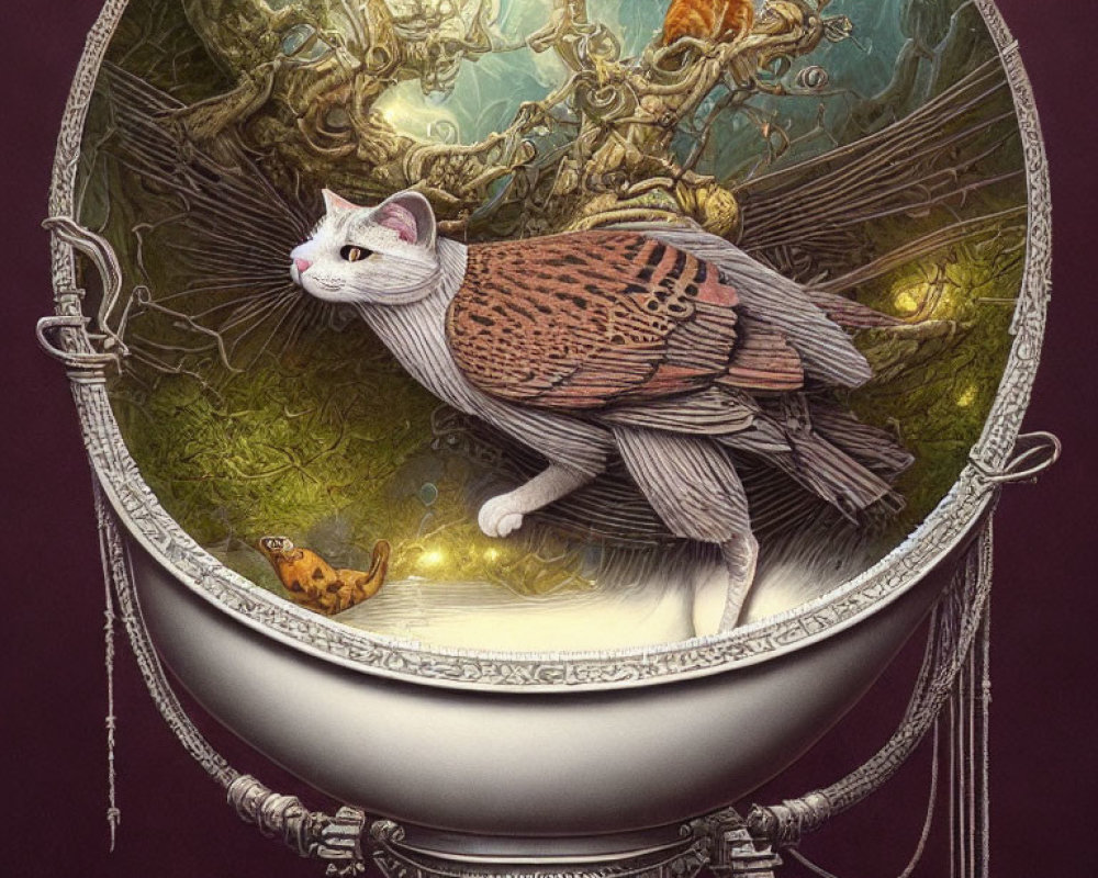 Whimsical white cat with bird-like wings on ornate mirror reflecting fantastical forest