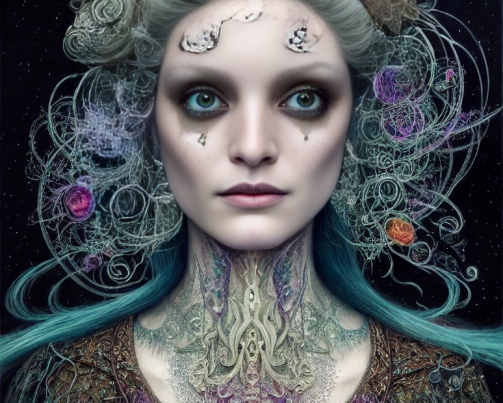 Galaxy-themed hair, green eyes, celestial tattoos on mystical woman