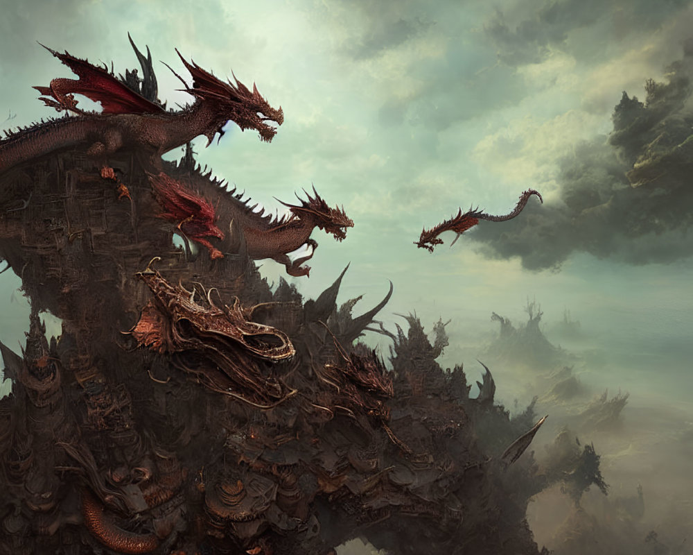 Multiple Red Dragons Perched on Craggy Spires Under Brooding Sky