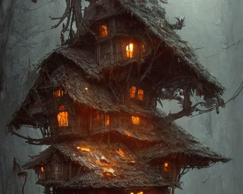 Eerie Multi-Story Wooden Treehouse in Twilight Forest