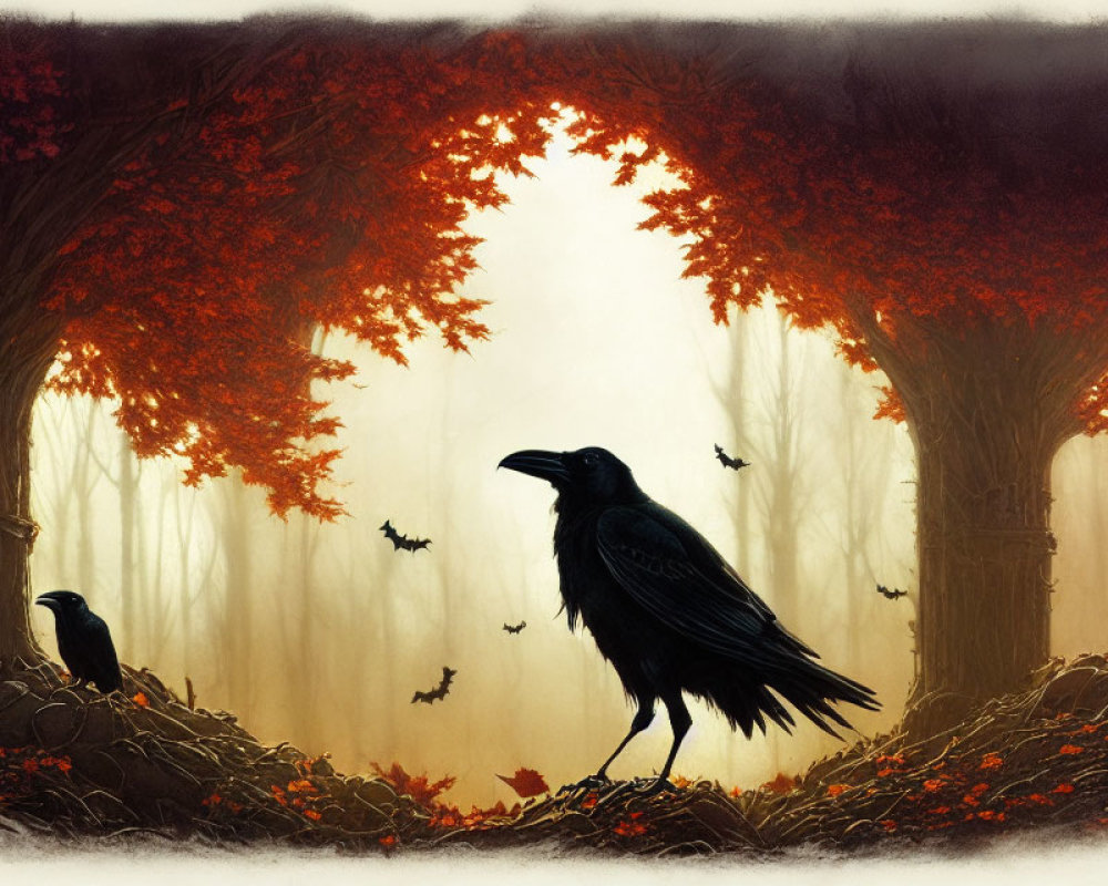 Misty forest art with autumn trees and ravens, evoking mystical mood