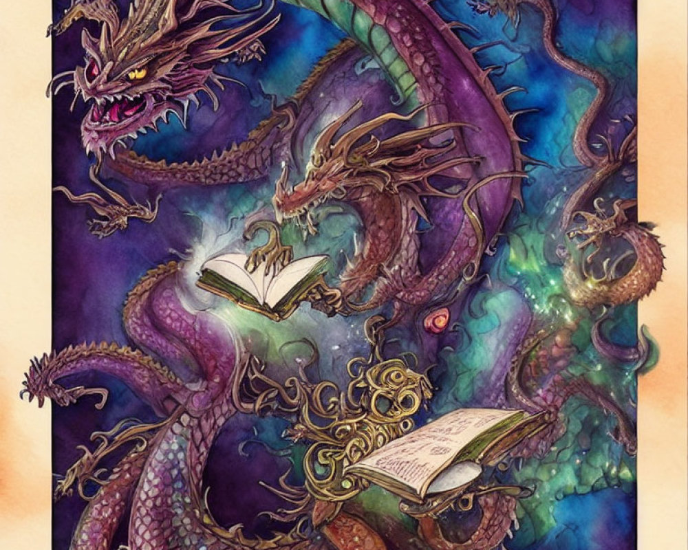 Colorful illustration: Three dragons with intricate scales, one reading, in watercolor backdrop