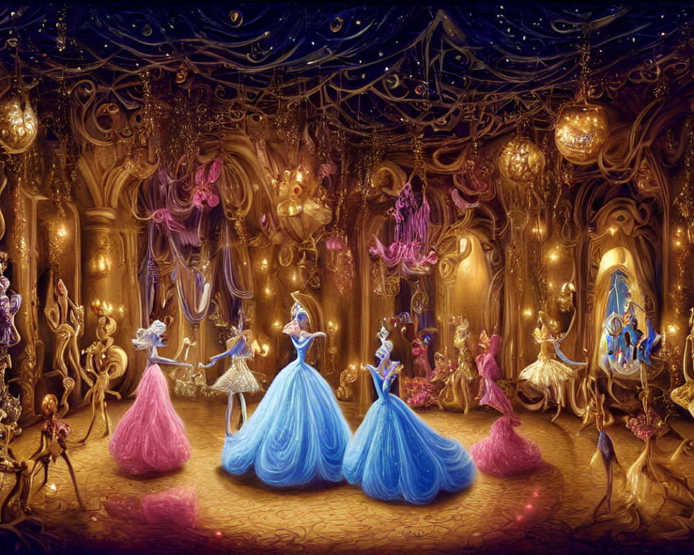 Elaborate Outfits in Enchanting Ballroom Scene