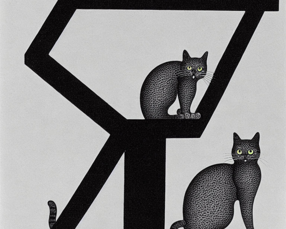 Stylized dotted cats with green eyes in optical illusion artwork