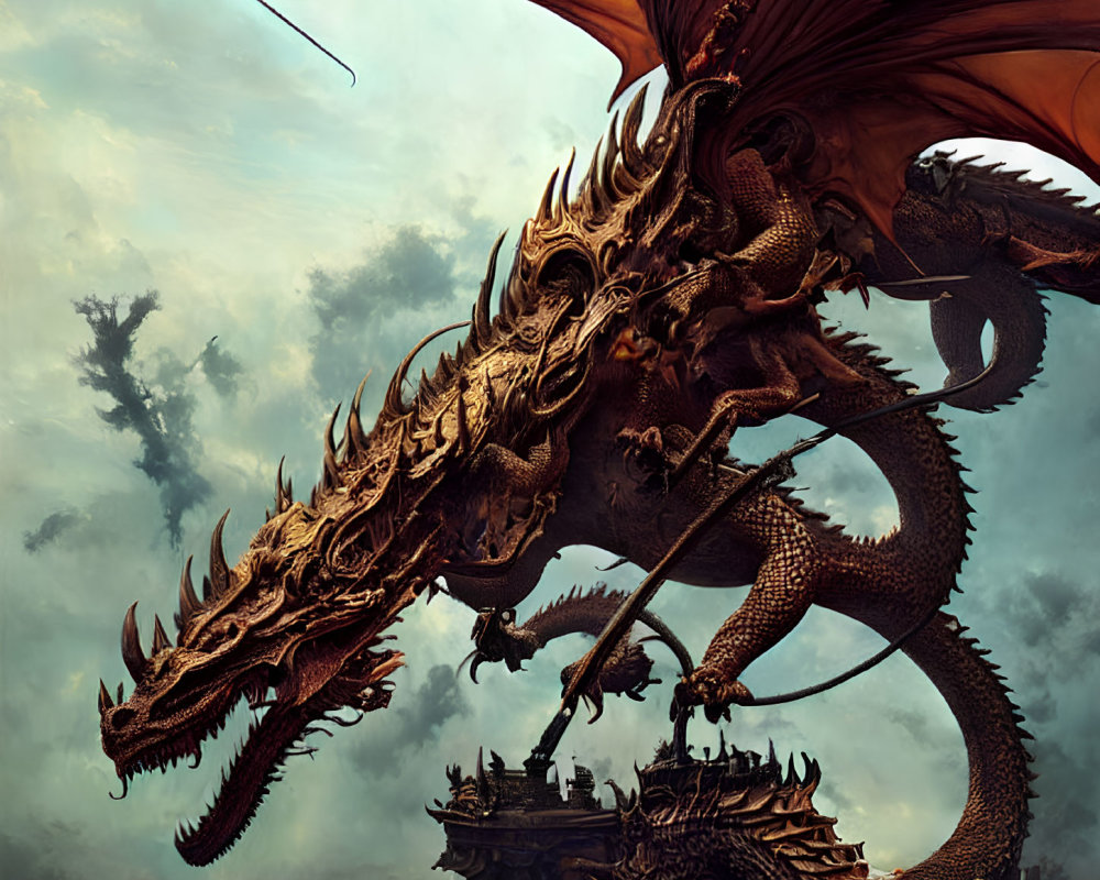 Majestic dragon with expansive wings and intricate scales soaring among clouds.