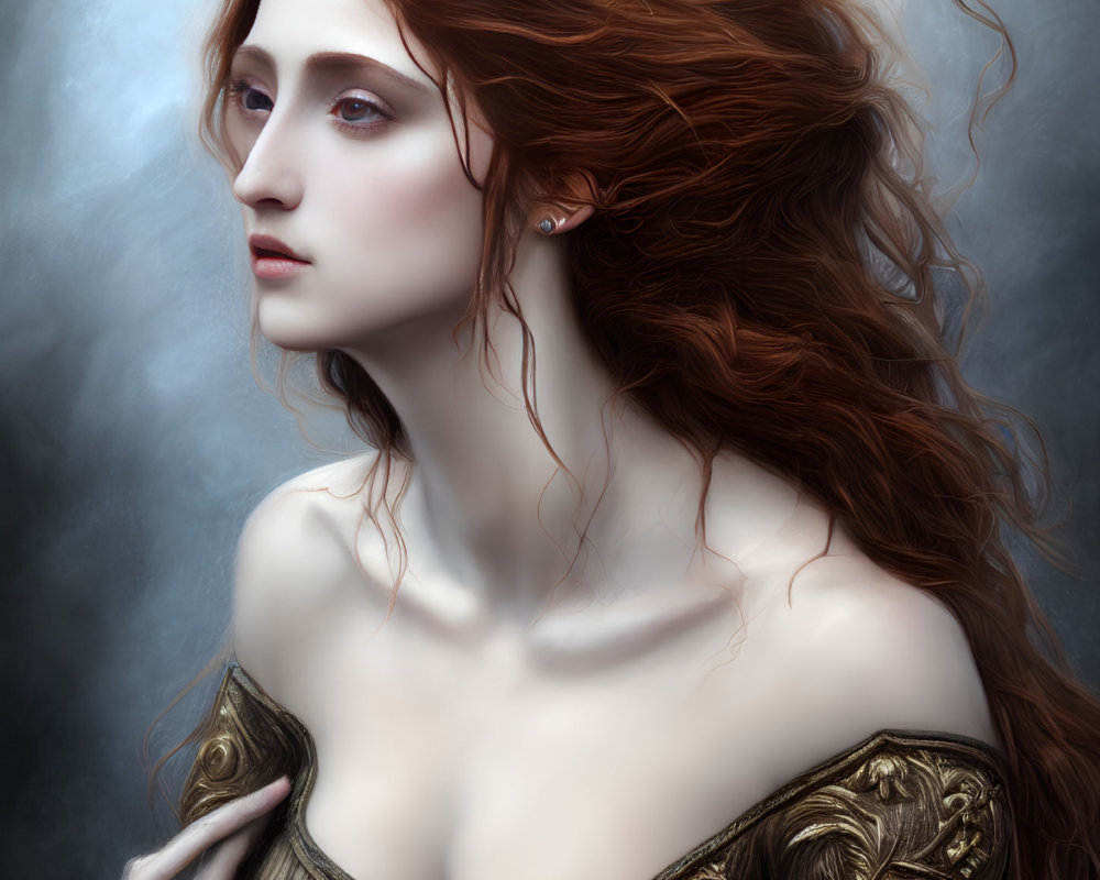 Detailed illustration of woman with red hair and gold-trimmed dress in misty setting