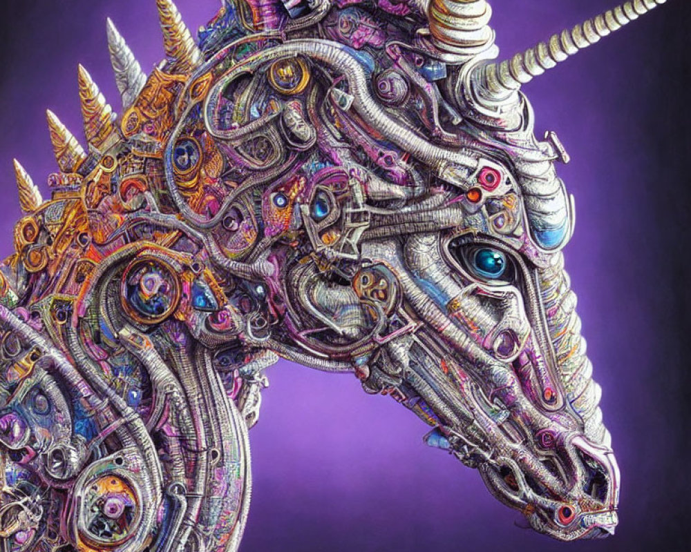 Detailed Mechanical Unicorn Head in Purple, Silver, & Colorful Accents