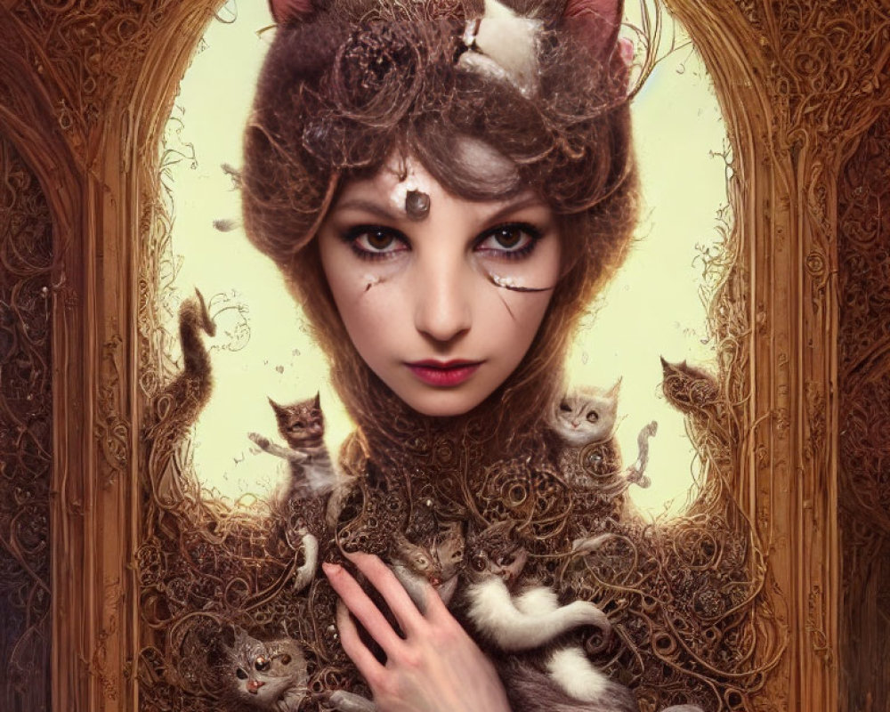 Surreal portrait: Woman with cat head, playful kittens in decorative oval frame