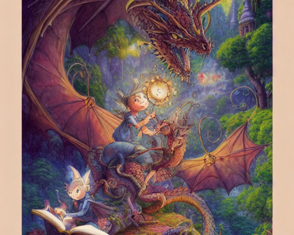 Illustration of boy with glowing orb, dragon, and creatures in enchanted forest.