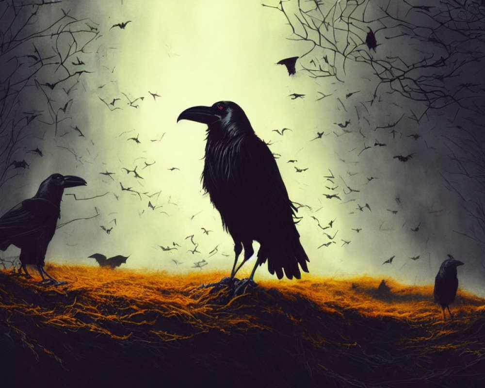 Three Ravens Among Twisted Trees in Eerie Forest Setting