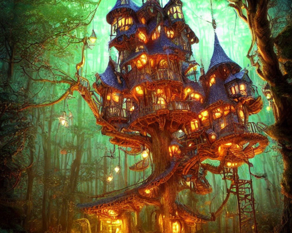 Enchanted multi-story treehouse in magical forest with glowing windows