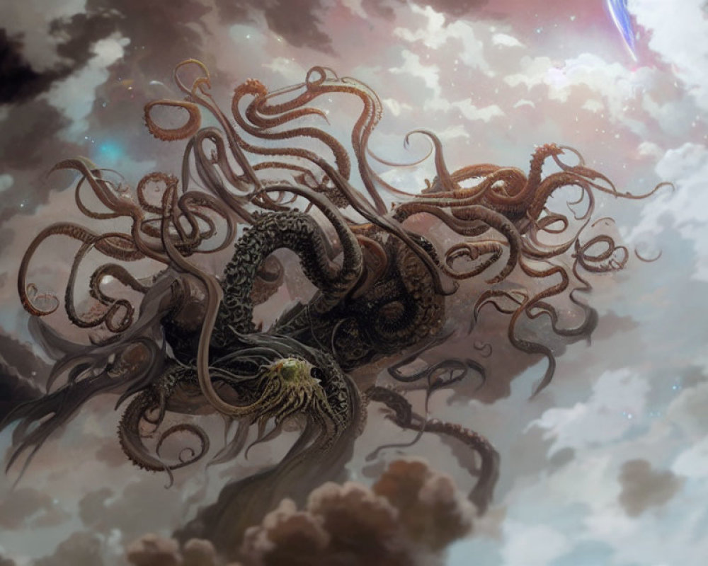 Gigantic tentacled creature in dramatic celestial sky