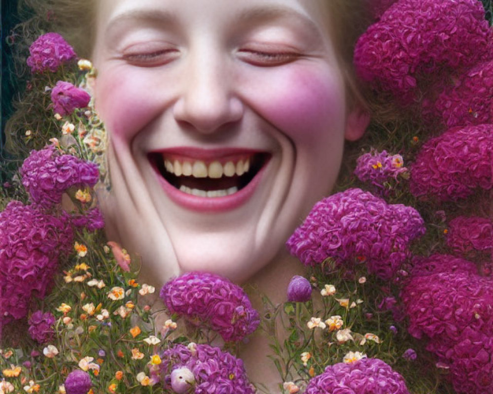 Smiling woman surrounded by pink and purple flowers on dark background