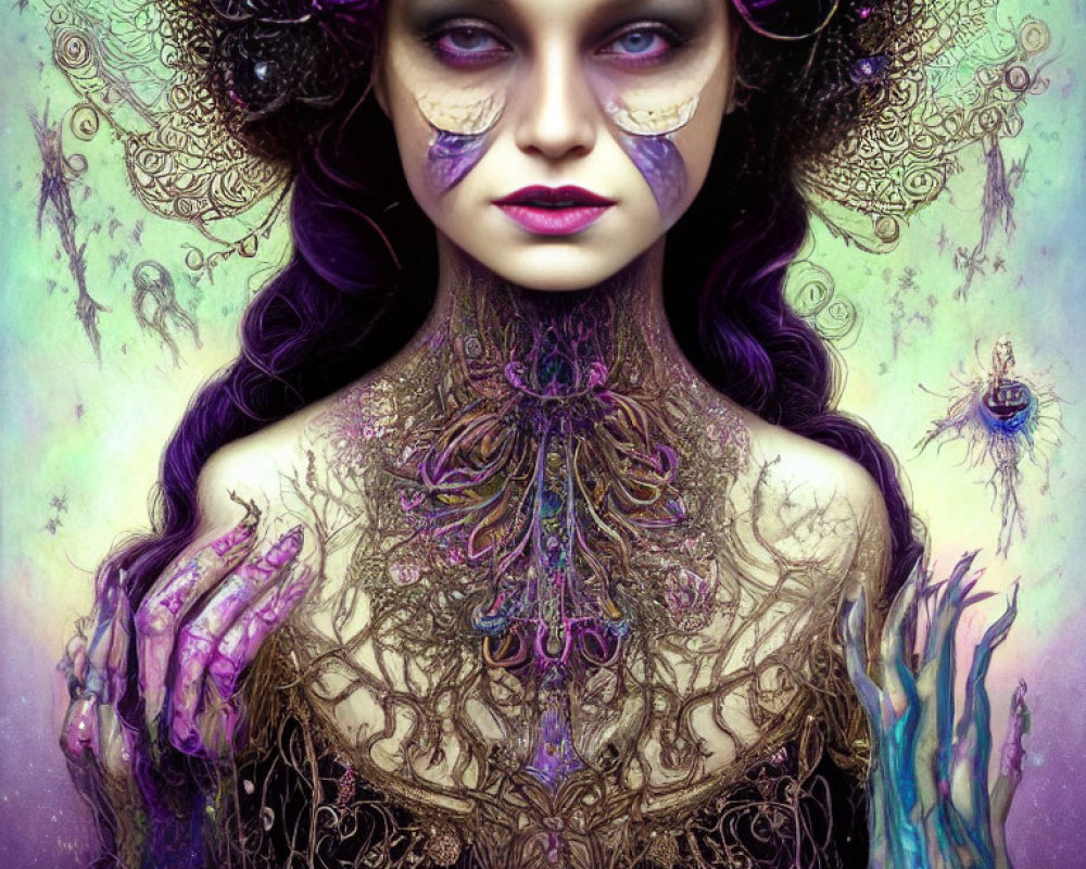 Fantastical portrait of a woman with purple floral headpieces and intricate body art