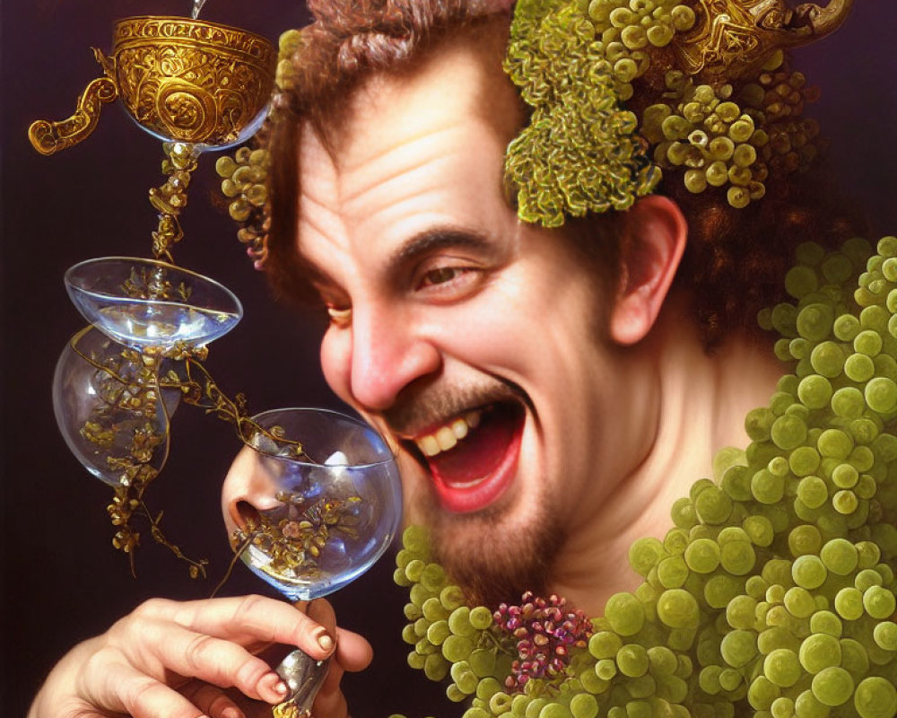 Man with satyr-like features enjoying wine and grapes in whimsical art piece