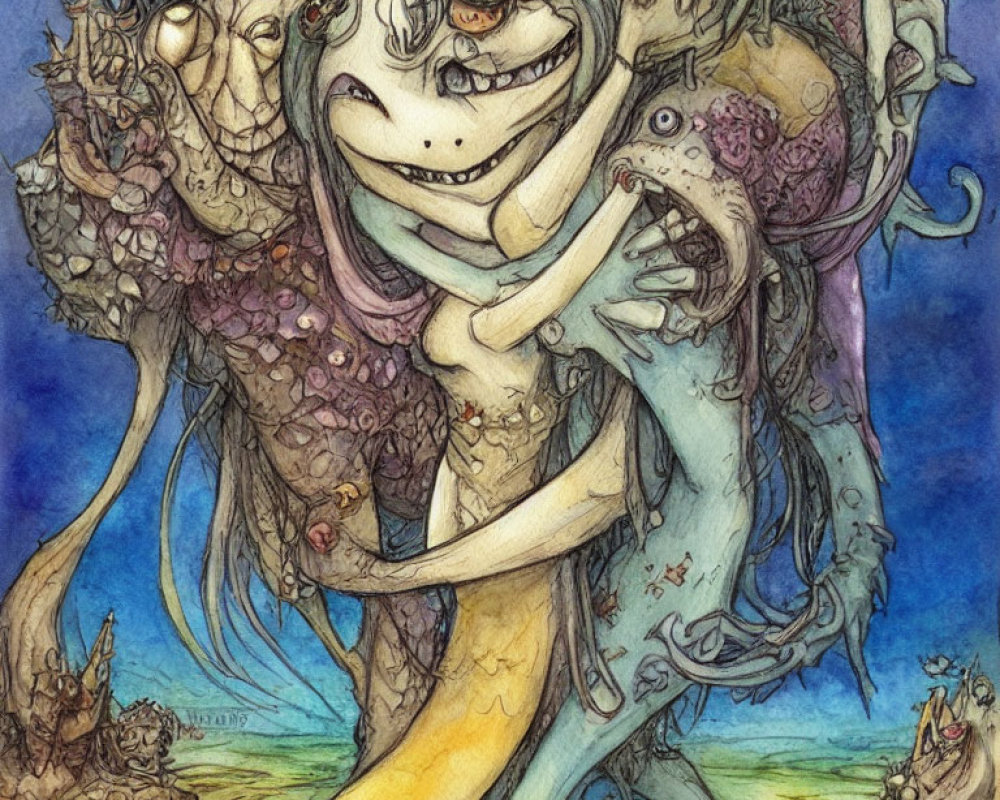 Sinister smile creature with tentacle-like hair and fish-like friends in eerie underwater scene