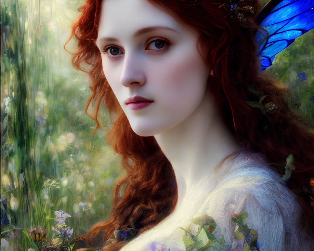 Digital illustration: Red-haired fairy with blue wings and floral crown in ethereal forest