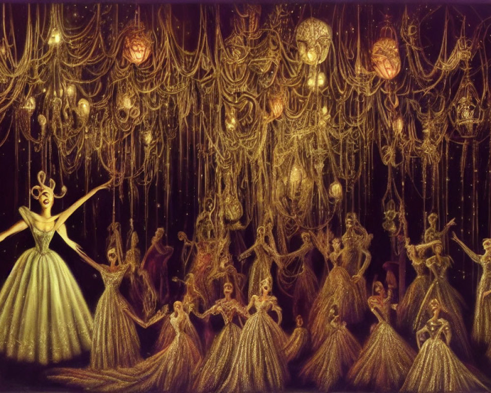 Golden Dresses and Chandeliers Illuminate Fantasy Ballroom