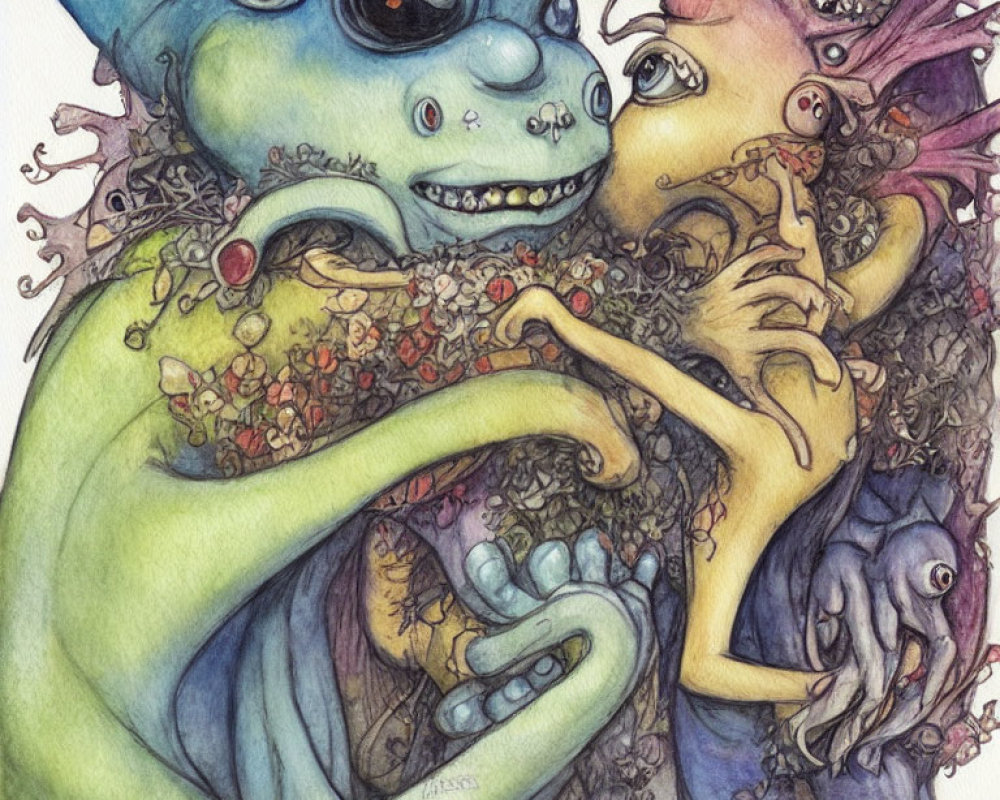 Whimsical blue creature hugging pink crowned figure in detailed illustration