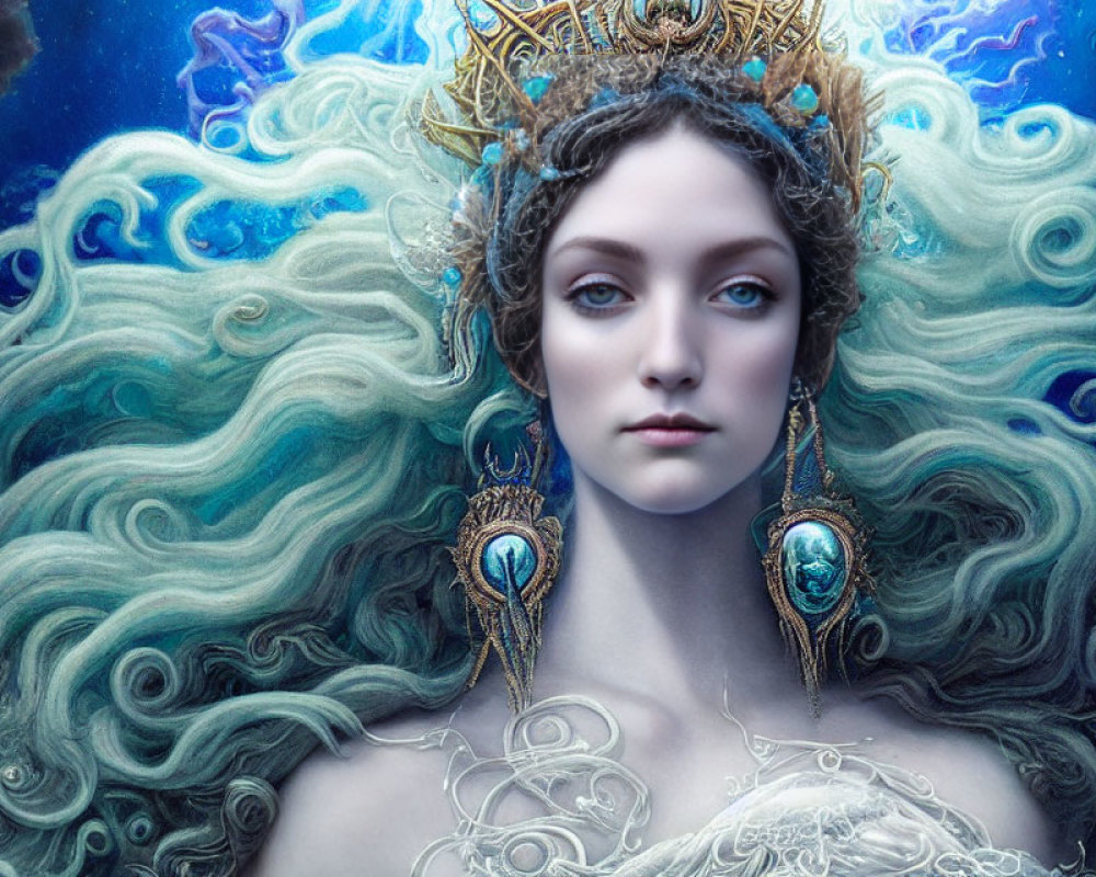 Fantastical image: Woman with flowing blue hair, regal crown, and cosmic backdrop