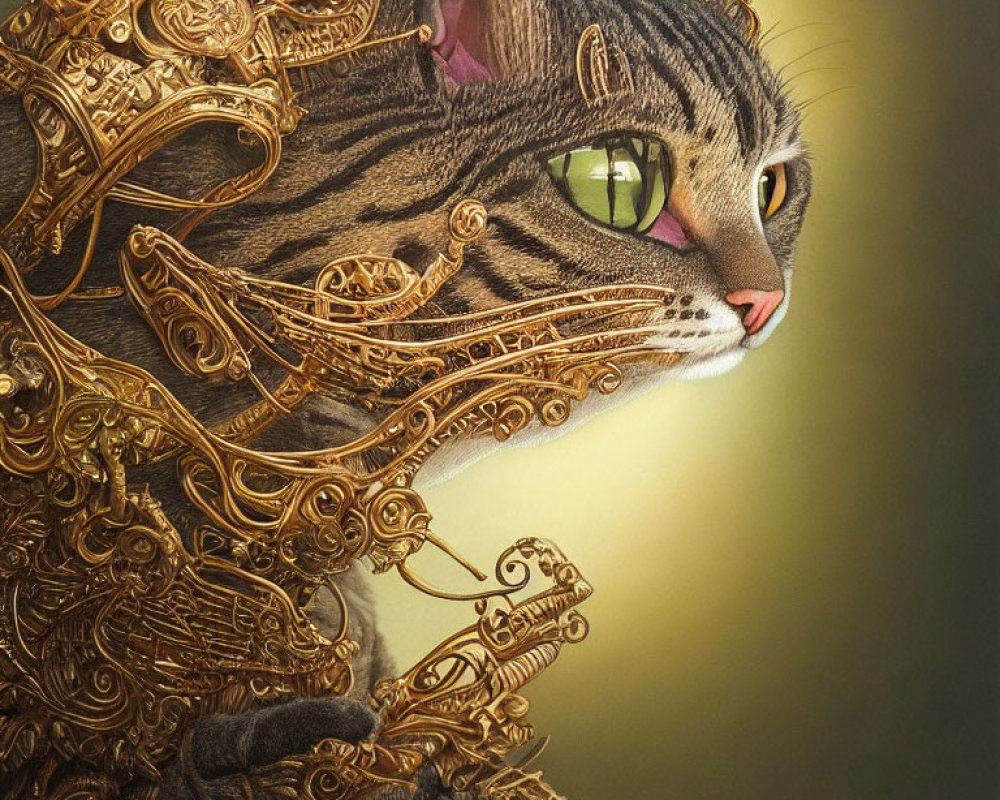 Tabby Cat in Golden Robotic Armor on Golden Background