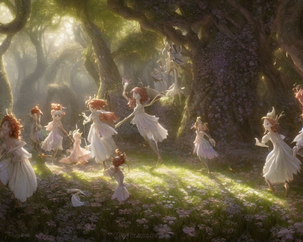 Ethereal forest scene with fairy-like creatures dancing among sunlit trees