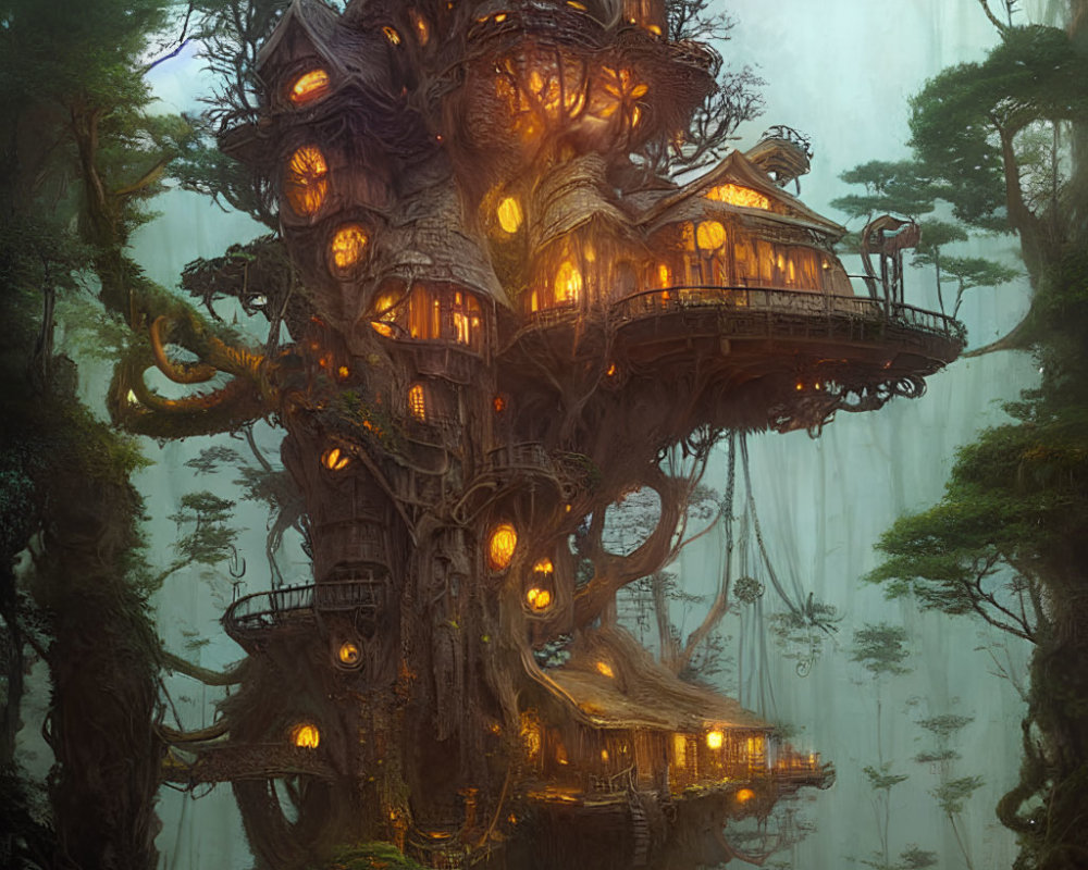 Mystical multi-level treehouse in foggy forest