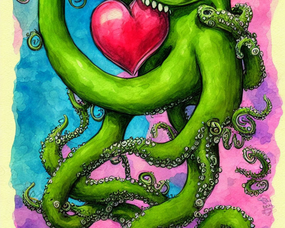 Colorful Watercolor Painting of Green Octopus Embracing Red Heart