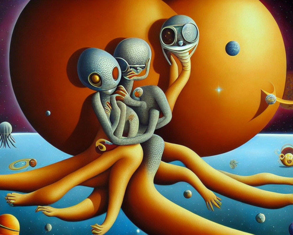 Surreal painting featuring multi-limbed aliens embracing amid planets and stars