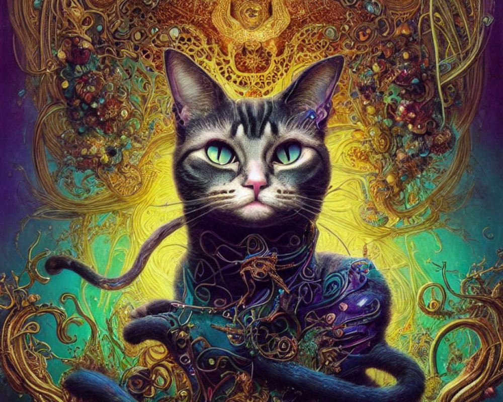 Colorful surreal cat with human-like arms in intricate background.