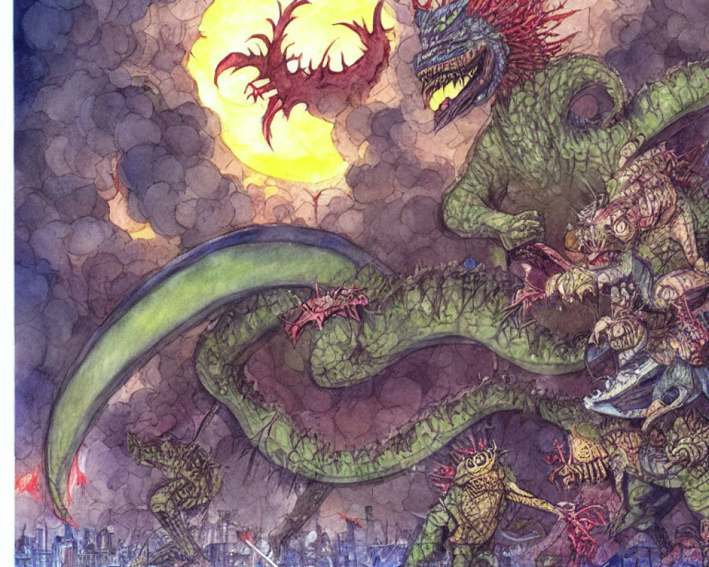 Fantastical green dragon and smaller dragons over burning cityscape under orange moon.