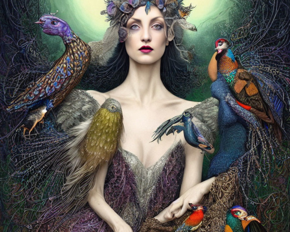 Colorful bird-themed headdress woman surrounded by birds in mystical forest landscape