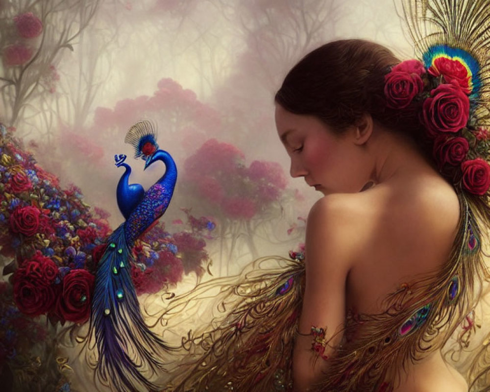 Fantasy illustration of woman with peacock hair in misty garden