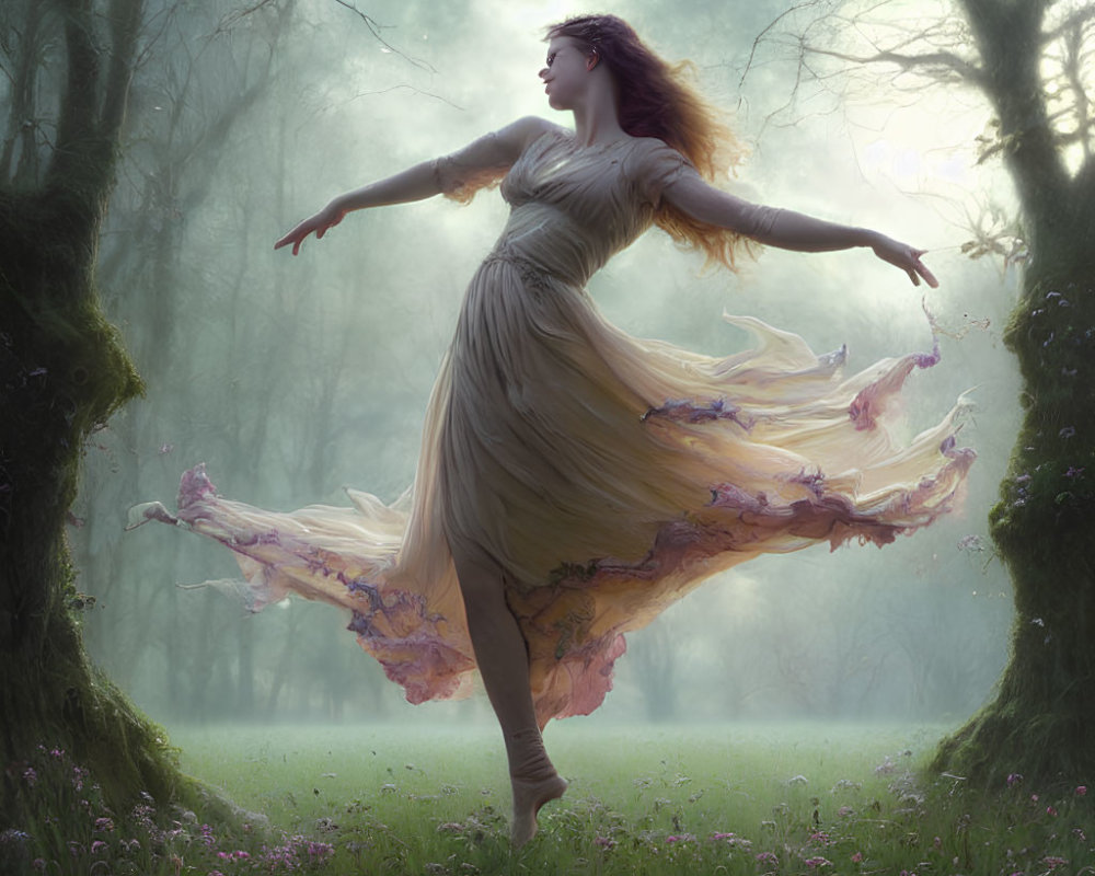 Woman dancing in elegant dress in mystical forest with purple flowers.