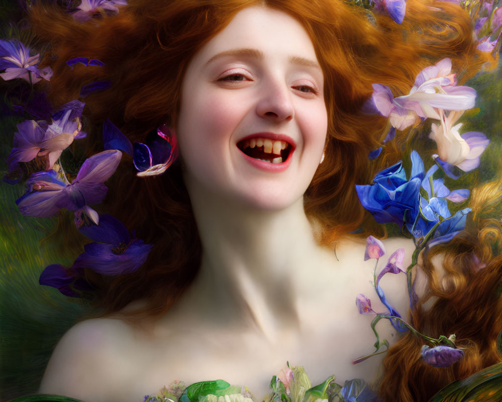 Red-haired woman laughing surrounded by vibrant flowers and butterfly in nature.