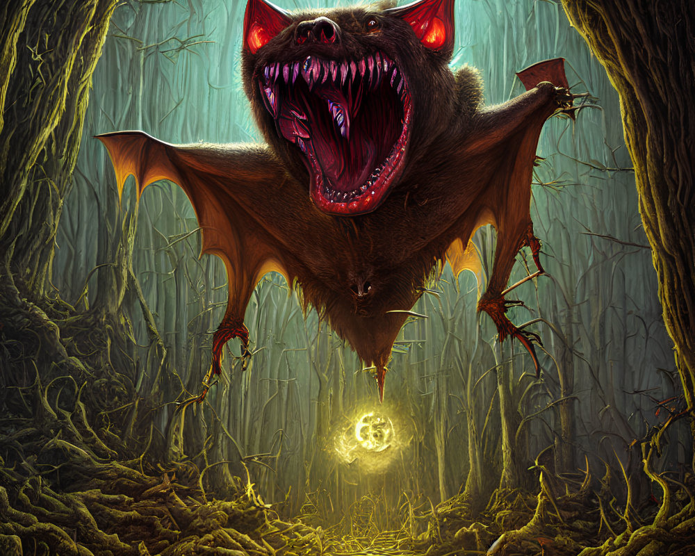 Sinister forest scene: imposing bat with sharp teeth and red eyes, mysterious glowing orb.