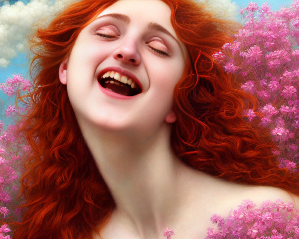 Vibrant red-haired woman laughing in pink flower field