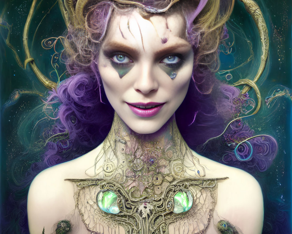 Vibrant purple-haired female figure with golden antler crown and glowing green eyes