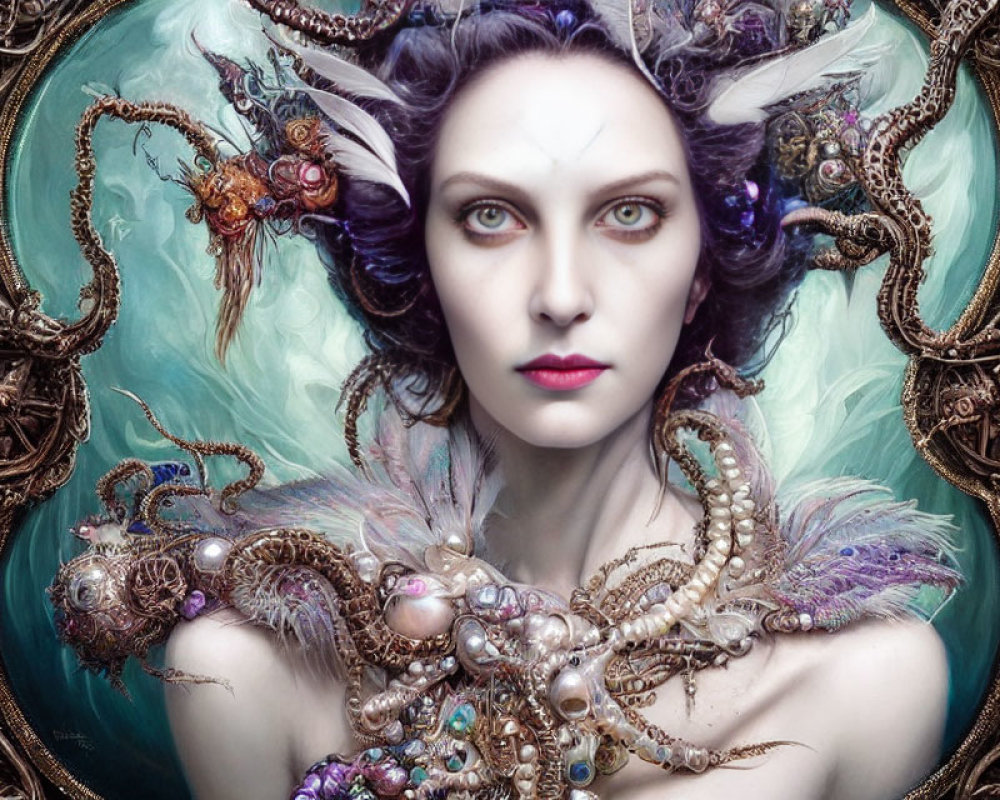 Fantastical portrait of a woman with pale skin and elfin ears adorned with jewelry and feathers.