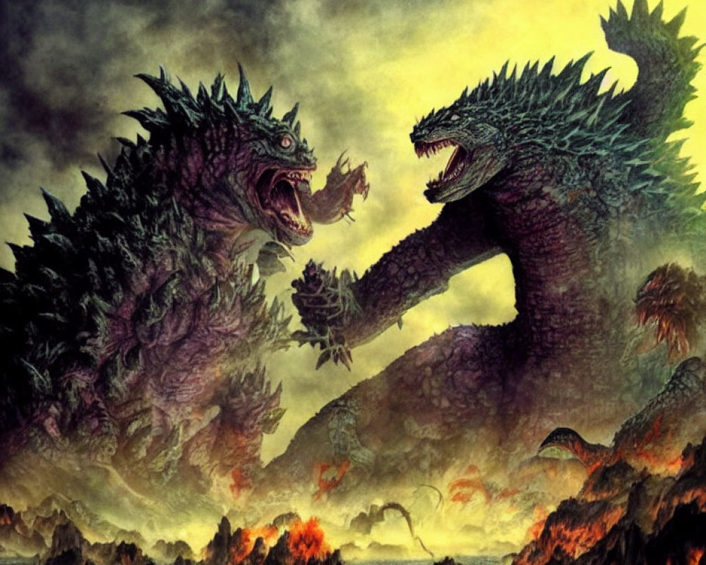 Monstrous creatures battle in fiery surroundings